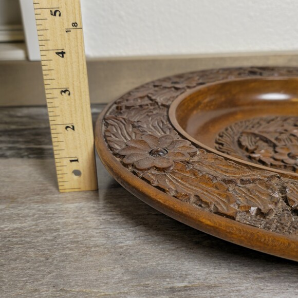 Vintage Hand Carved Wooden Charger Bowl/Plate Floral Folk Art Rustic Boho 14” - Picture 9 of 10